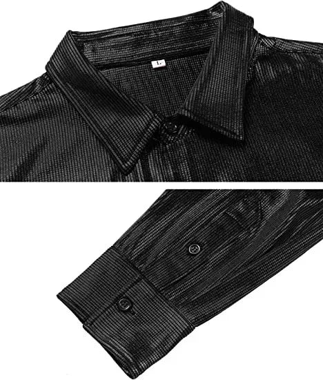 Metallic Shiny Polyester Dress Shirts for Men Black Solid Gold Red Silver Long Sleeve Turn Down Collar Prom Disco Men's Shirt