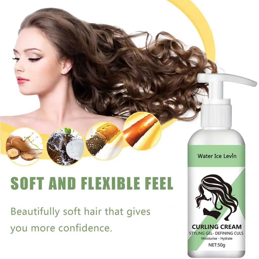 Water Ice Levin Curling Cream Styling Gel Defining Curls Moisturising Hydrate Soft Flexible Feel Curly Hair Care 50g