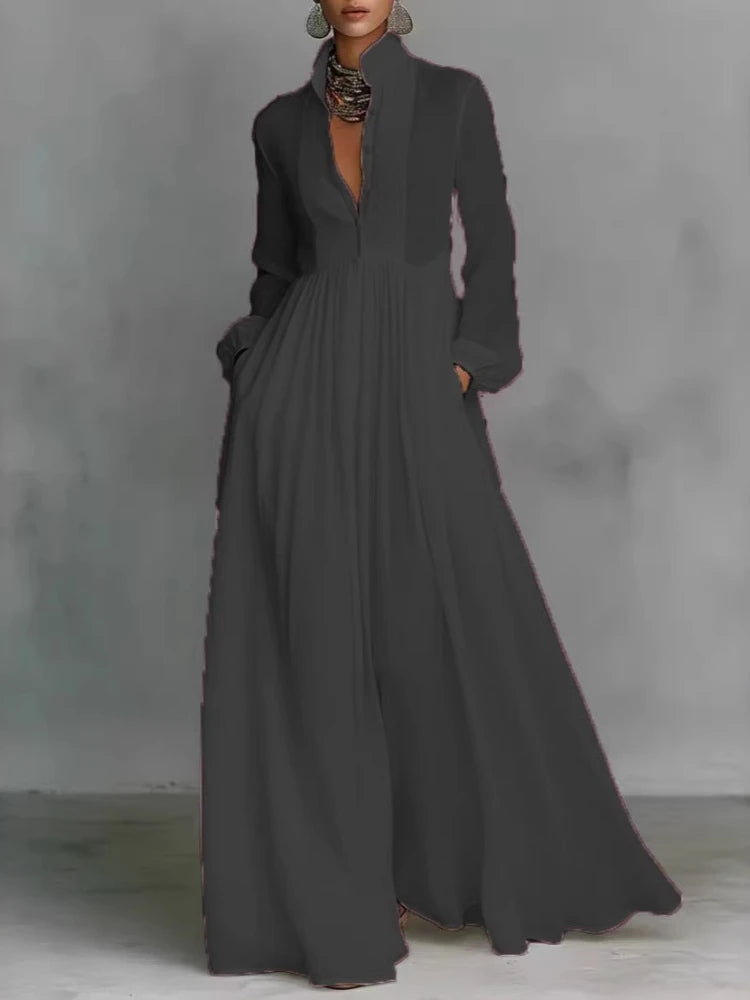 Elegant High Waist Swing Long Dress Woman Spring Solid Pockets Pleated Maxi Dress Spring Autumn Long Sleeve Button Evening Dress