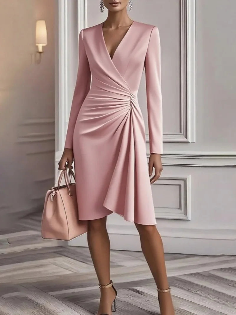 Women Long Sleeve V Neck Ruched Wrap Midi Dress Elegant Office Lady Bodycon Cocktail Party Sheath Dress
