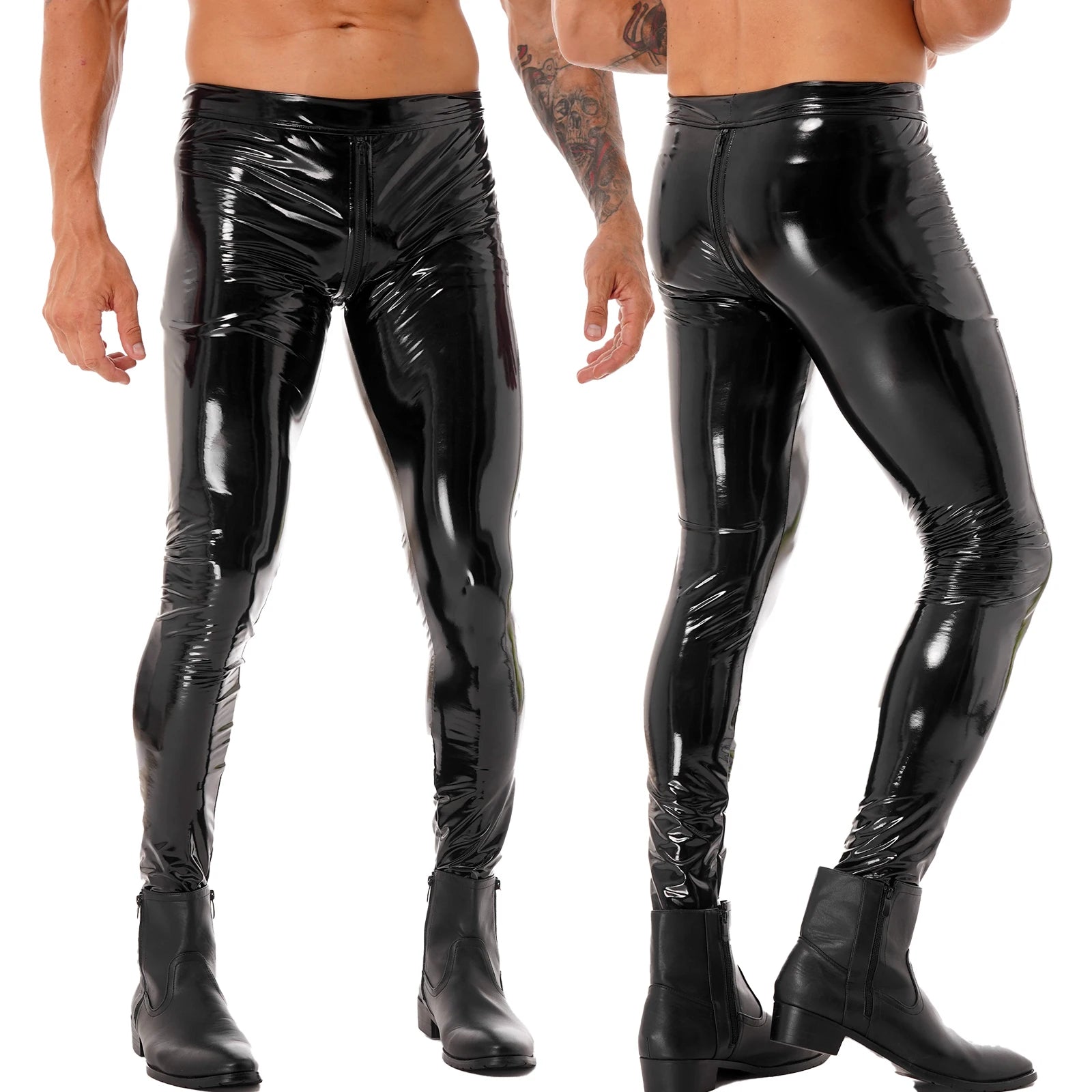 Men Latex Leather Pants Low Waist Faux Leather Shiny Pants Fashion Tight Trousers for Club Stage Show Rock Band Performance