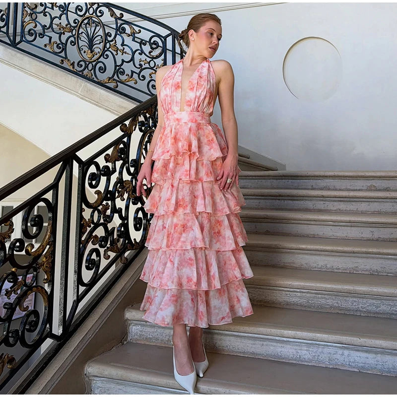 Floral Print Halter Neck Tiered Ruffle Dress Waist Cinched V Neck 2026 Summer Causal Women Vacation Irregular Layered Vestido