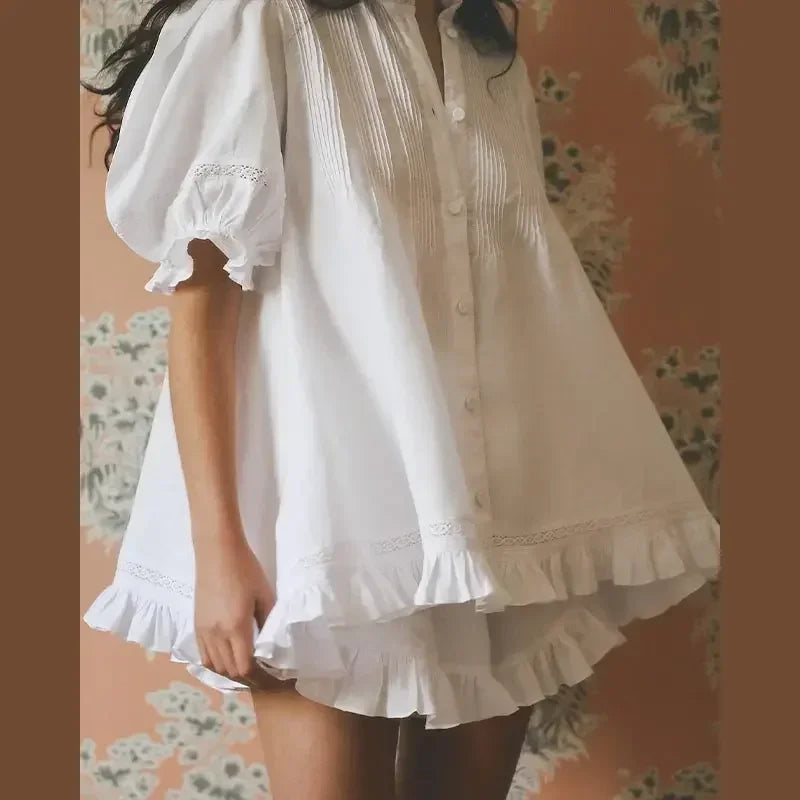 Casual Print Women Shorts Set Ruffles Puff Sleeve Button Top Empire Elastic Waist Pants 2026 Summer Autumn Beach Lady Outfit New