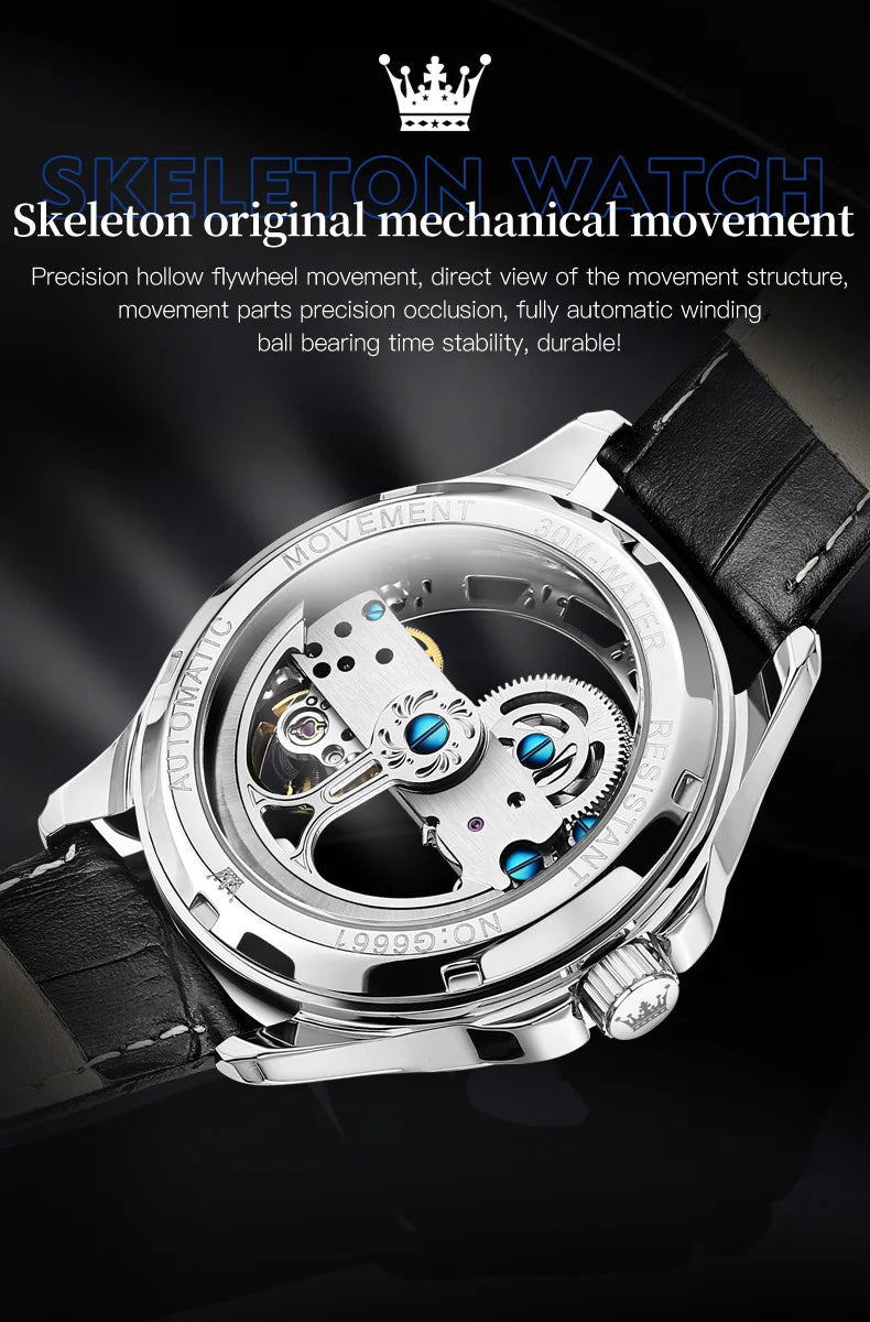 OLEVS Couple Watches Original Fully Transparent Skeleton Automatic Mechanical Watches For Men Women Lover's Gift Luxury Watches
