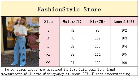 Women Blue Wide Leg Jeans Lady High Waist Star Patchwork Denim Pants Loose Fit Straight Leg Trousers 2026 New Casual Street Wear