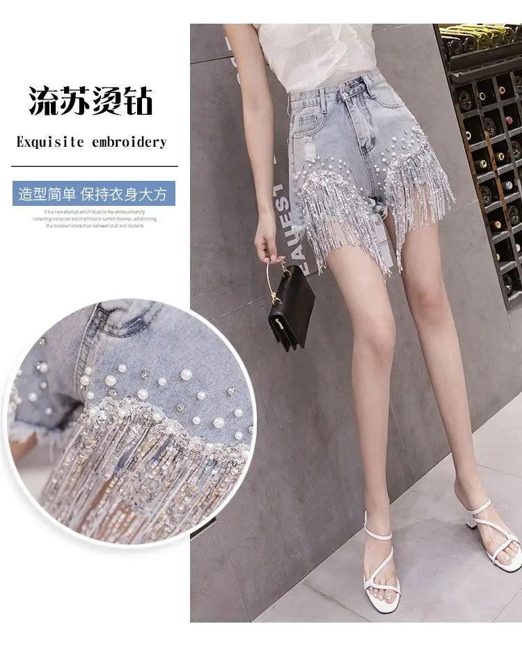 2026 Summer New Personalized Denim Shorts Women's High Waist Diamond Inlaid Heavy Industry sequins Tassel Denim Hot Pants Trendy