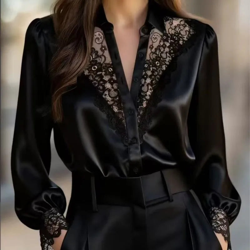 New Lace Patchwork Shirt For Women Fashion Long Sleeve V Neck Button Shirts Tops Lady Chic Office High Street Women's Clothing