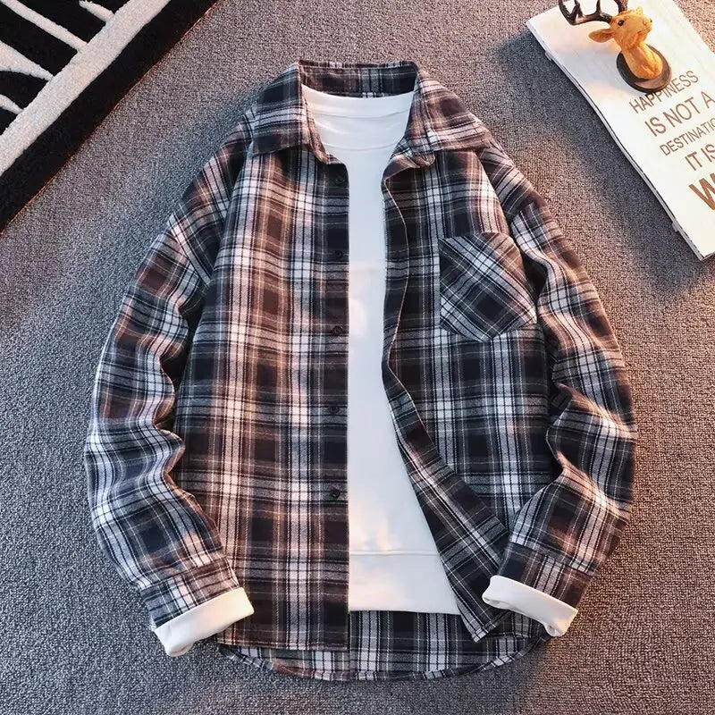Retro Japanese Plaid Long Sve irt Men's Casual Loose Fit Spring Autumn Wear for Students And Couples Youth Faion
