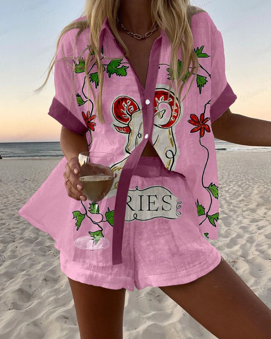 Fashion Women's Beach Holiday 2-Piece Suit Summer Print Short Sleeve Shirt Wide Legs Short Loose Two-Piece Sets Women Outfit