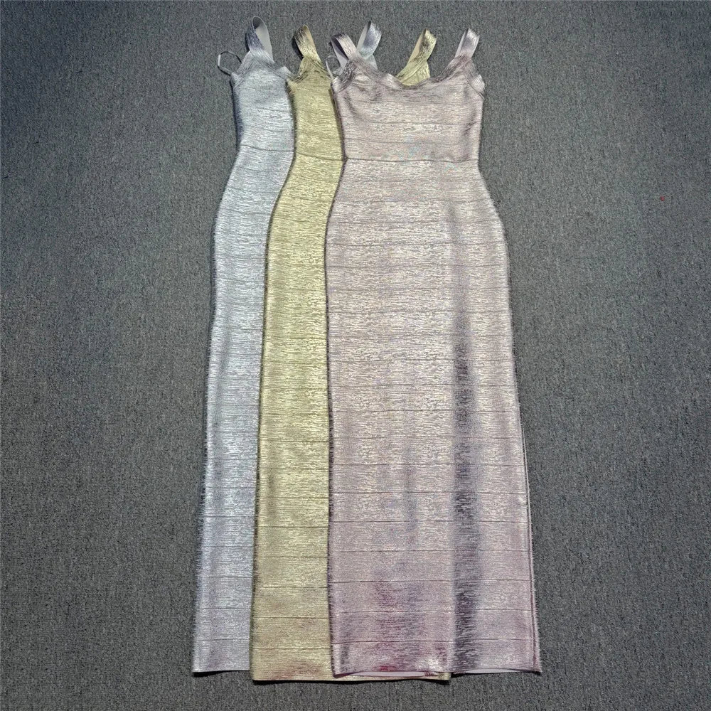 Fashionable Hot Stamping Women Spaghetti Strap Bandage Dress Celebrity Party Maxi Dresses