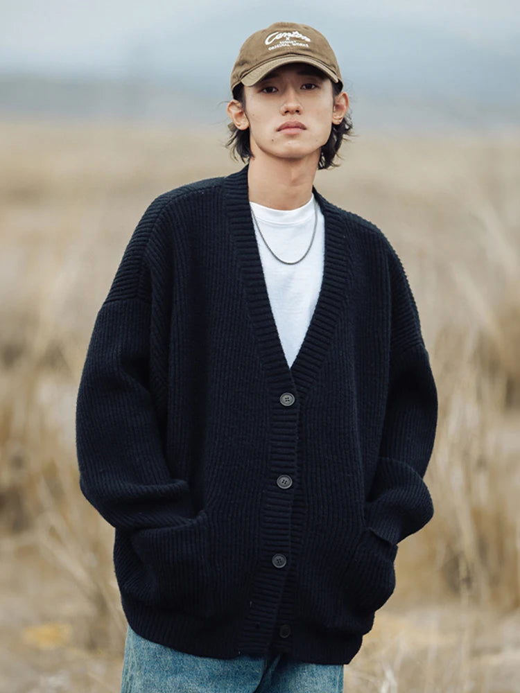 Autumn Men's Casual Textured Pockets Cardigan Y2K Vintage Streetwear V-neck Knitted Sweaters Korean Fashion Cardigans Hombre