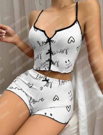 Women Sexy Sleepwear Pajamas Set Heart Print Silk Stain V-Neck Sleeveless Sexy Lingerie Casual Cami and Shorts Sets Loungewear