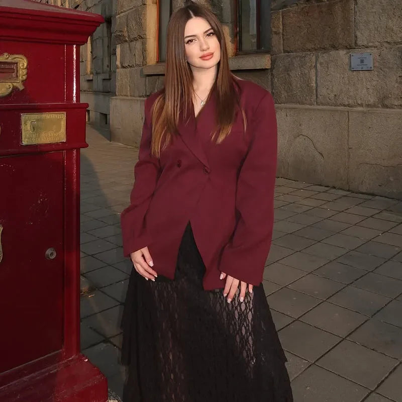 Fashion Wine Red Women Blazer Set Casual Long Sleeve Single Breasted Lapel Female Suit 2025 Spring Streetwear Lady Suits