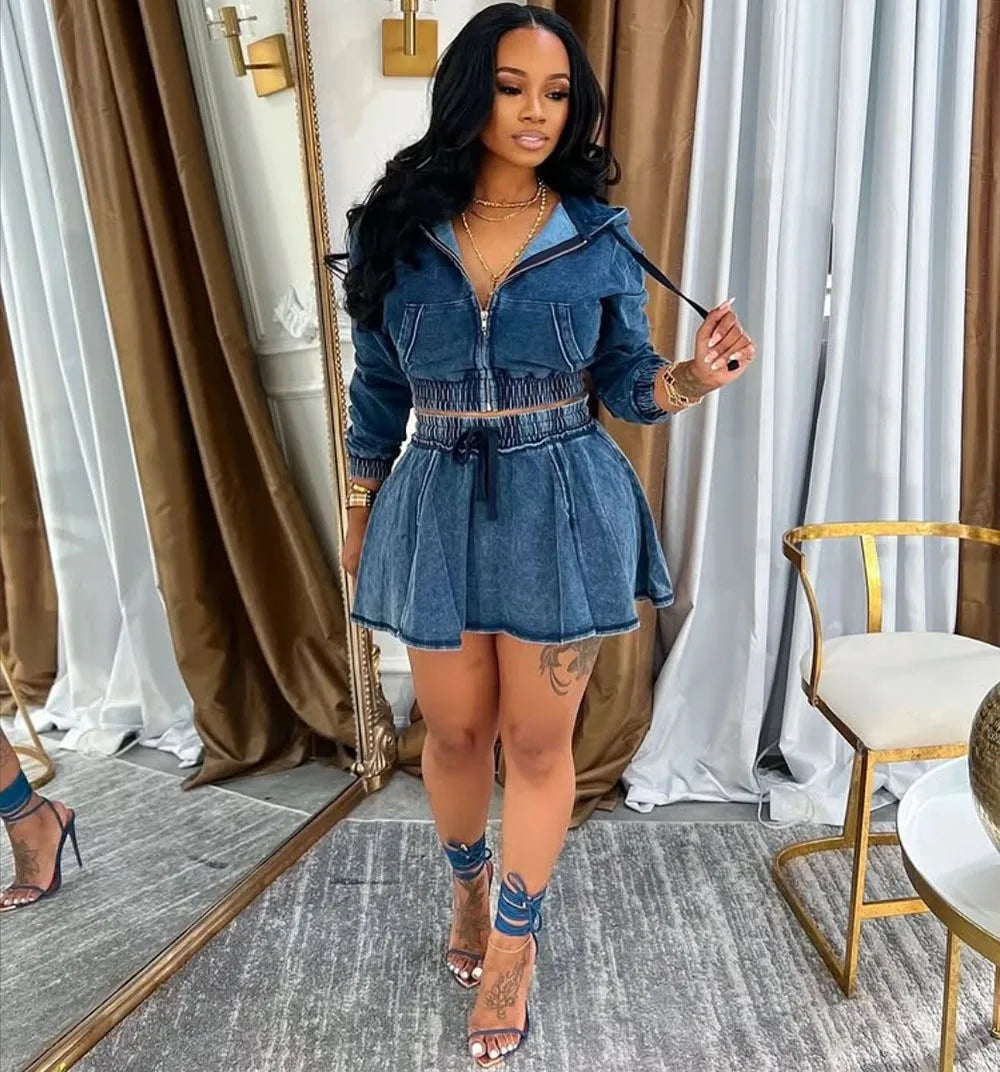 Women's Two-piece Set Dress Denim Crop Top Drawstring Waist Dresses Hooded Mini Dress Zip Front A Line Skirt Casual Dress