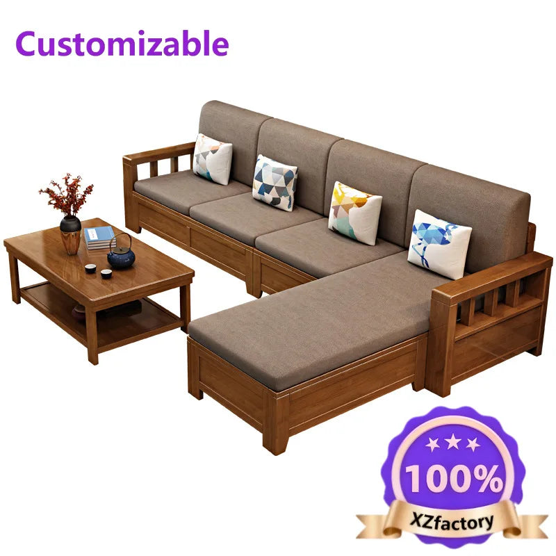 Modern minimalist solid wood sofa set, economical fabric sofa for small apartments, new Chinese style living room storage wooden