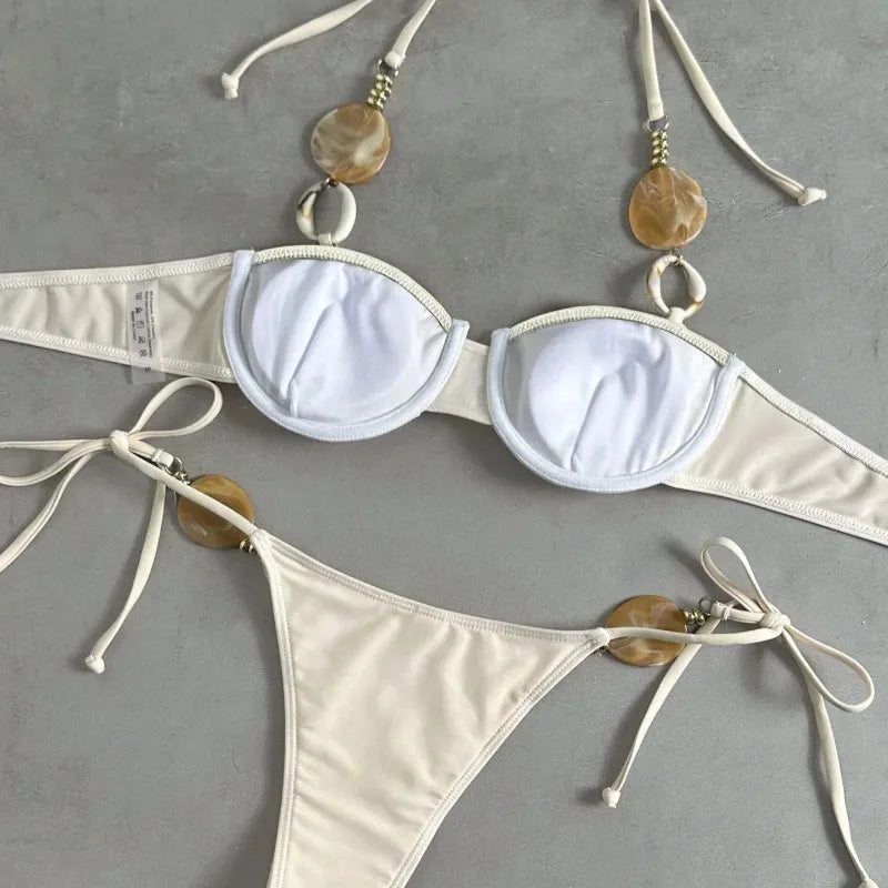 New Women's Sexy Halter Neck Backless Bikini Set Two-Piece Swimwear Solid Color Euro American Style Summer Beach Fashion