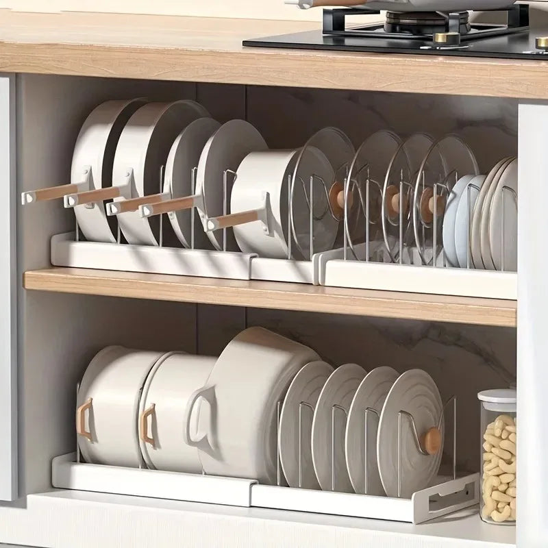 Expandable Kitchen Cabinet Pot Organizer - Adjustable Divider Rack, Multi-Use Storage Solution for Pots, Pans & Lids