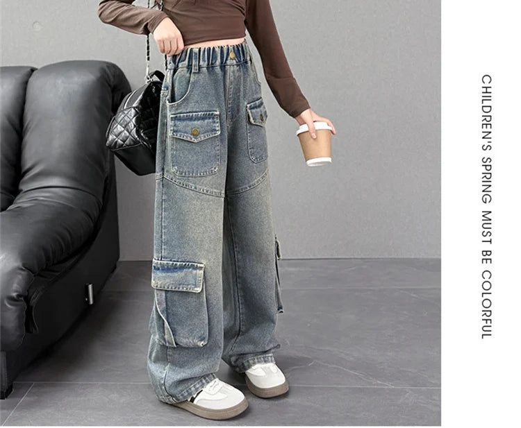 Elegant Fashion Kids Children Cargo Jeans Pants with Multi Pocket for Teenage Girls Loose Straight Casual Denim Trousers 5-14 Y
