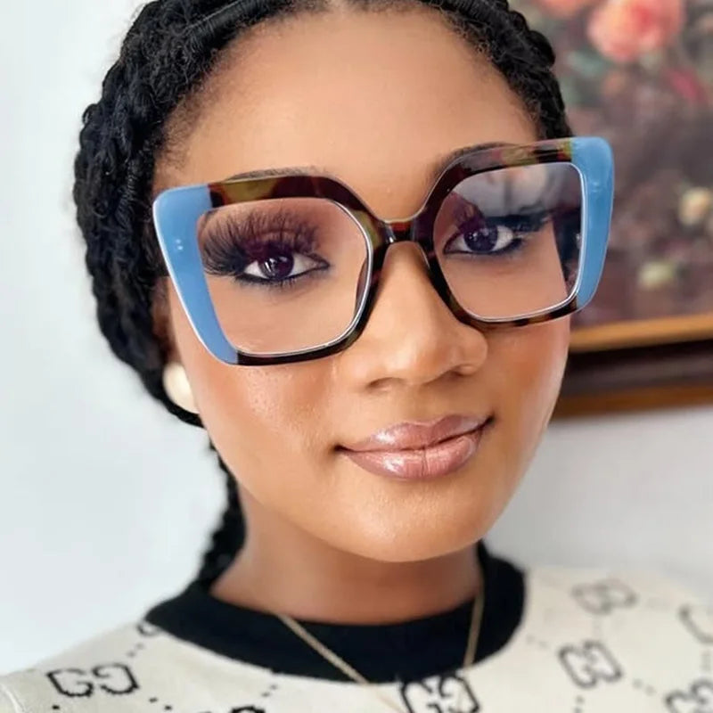 European-style square large-frame two-color eyeglass frame for women, suitable for daily wear as anti-blue-light glasses