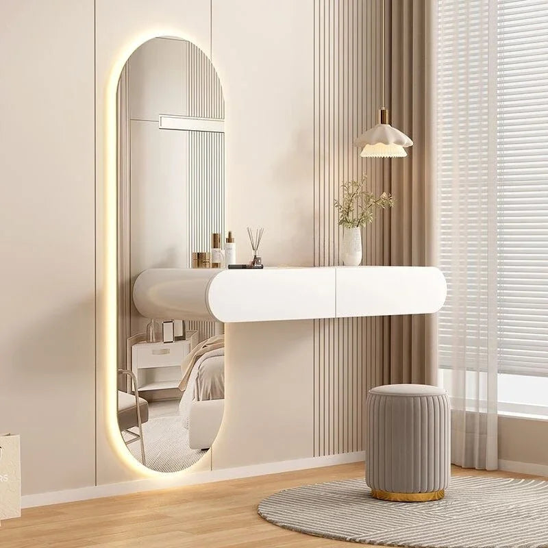 Nordic Wall-mounted Makeup Vanities European Bedroom Furniture Wooden Storage Dressing Table with Full-length Mirror Vanity Desk