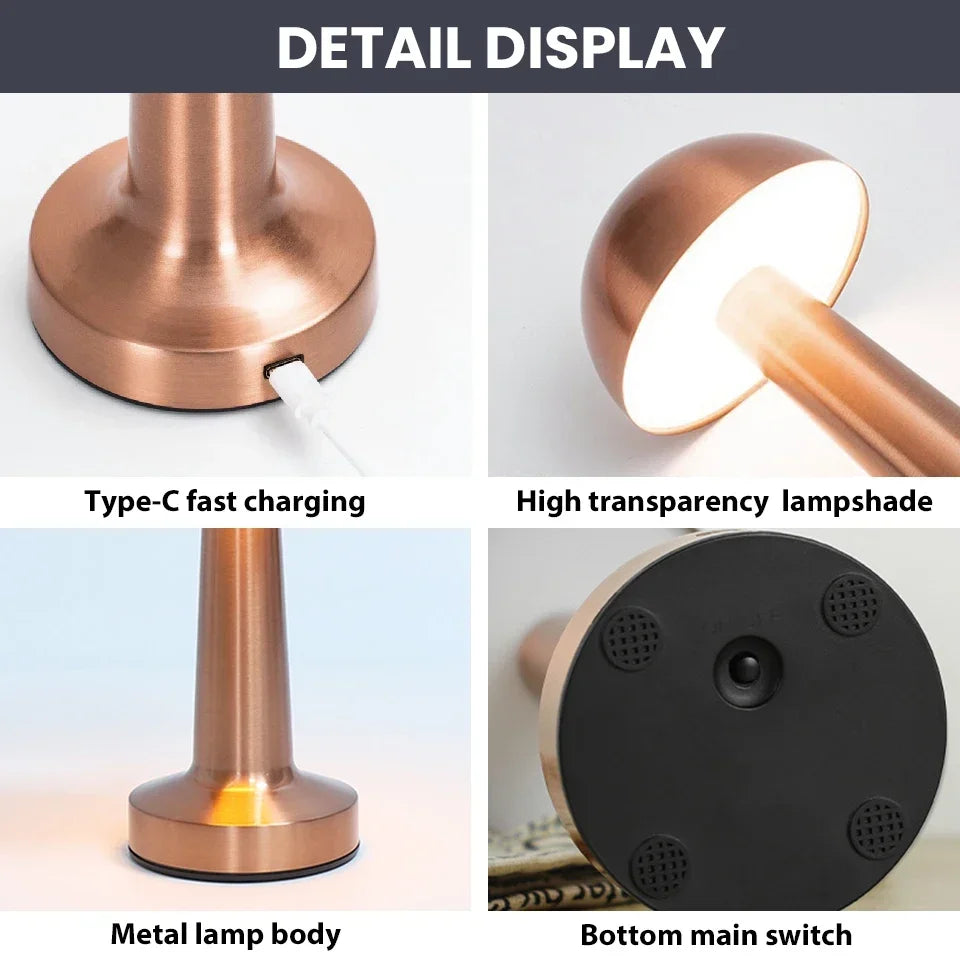Rechargeable Mushroom Table Lamp Cordless LED Night Light Touch Dimmable Bedside Desk Lamp for Bedroom Living Room Home Decor