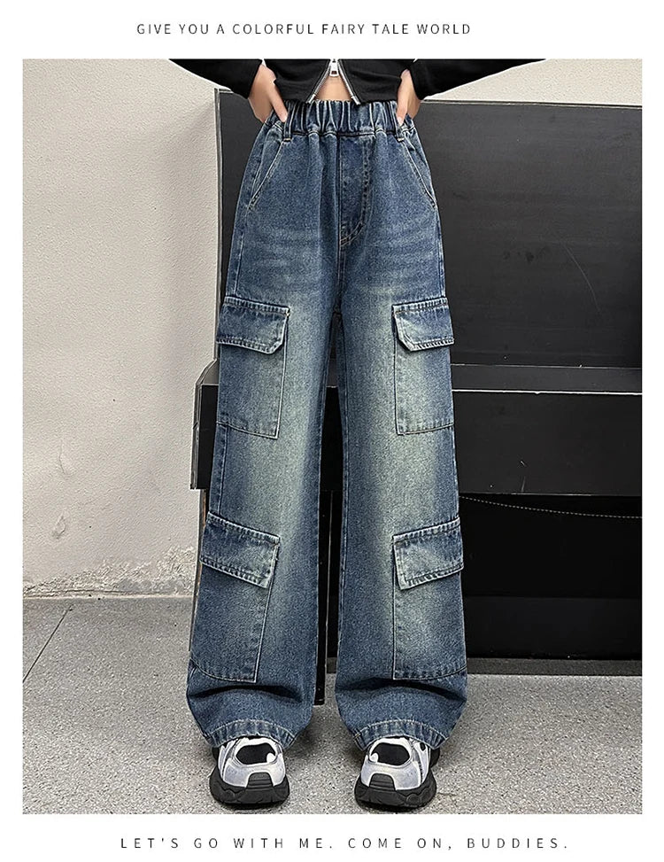 Kids Design Luxury Straight Leg Cargo Jeans with Multi Pocket for Teens Girl Cool Denim Pants Tweens Child Casual Jeans Trousers