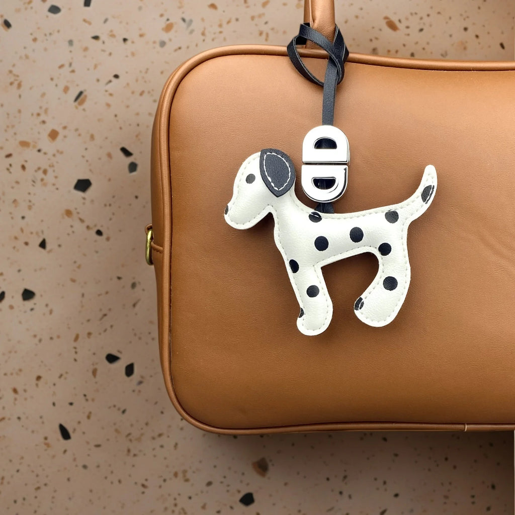 Trendy Dalmatian Dog Pendant Bag Charm & Keychain in Black/White Faux Leather Polka Dot Design for Purse Accessories Lovely Gift