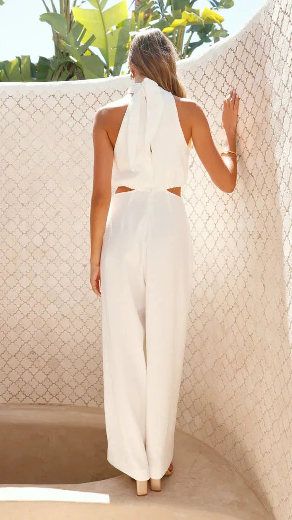 Halter Neck Jumpsuits Women Summer Solid Color Leace-up Backless Slit Wide Legs Sleeveless Jumpsuit Temperament Female Clothing