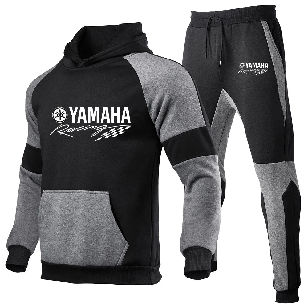 2025 New Yamaha Men's High Quality Splicing Hoodie Sportswear Cotton Top and Pants Sports Running Two Piece Set