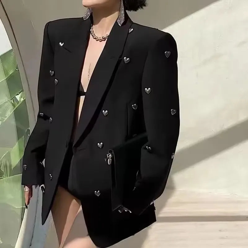 2025 Fashion Heavy Industry Lapels Blazer Women Spring Autumn Casual Korean Ladies Office Suit Coat Temperament Women Black Tops