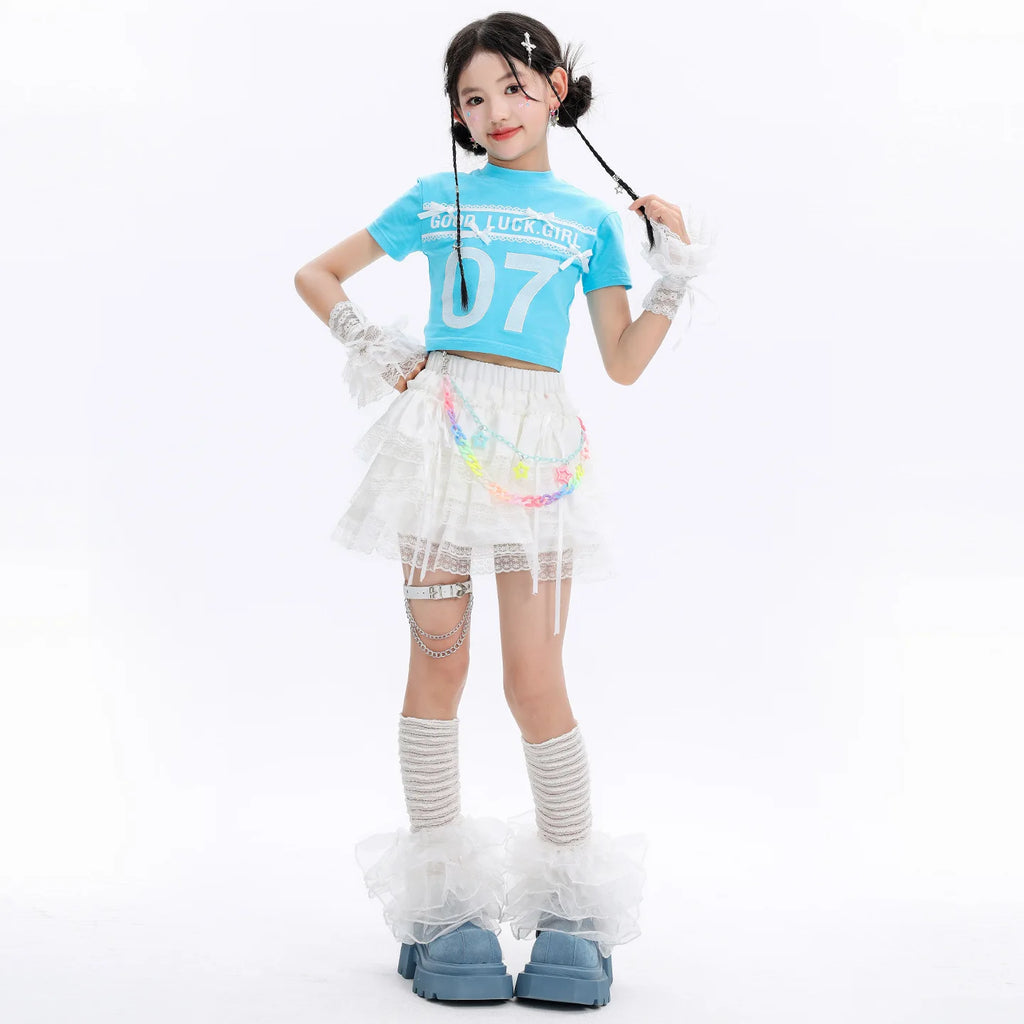 Kid Cute Hip Hop Clothing BLue Crop T Shirt Sleeves White Layered Lace Pleated Mini Skirt for Girls Jazz Dance Costume Clothes