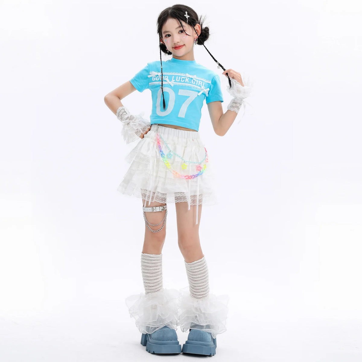 Kid Cute Hip Hop Clothing BLue Crop T Shirt Sleeves White Layered Lace Pleated Mini Skirt for Girls Jazz Dance Costume Clothes