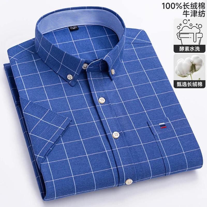 New 100% Cotton Oxford Men's Shirts Short Sleeve Plaid Soft Regular Fit Formal Dress Shirt Social Blouse Male Clothes 6XL 7XL