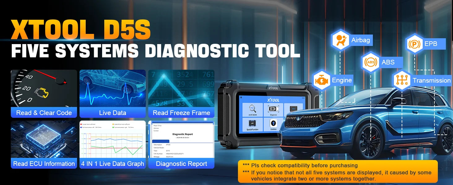 XTOOL D5S Car Diagnostic Tool 5 System Automatic OBD2 Scanner 4-IN-1 Live Data with 16+ Reset Functions with CANFD FCA Protocol Lifetime Free Update