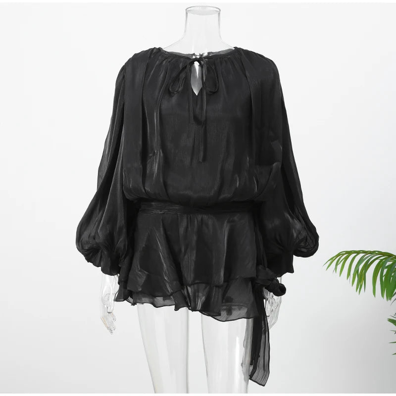 Female Fashion Long Flare Sleeves Lace Up Mini Dress Elegant Chiffon Ruffle High Waist Vestidos New 2025 Autumn Woman Party Wear