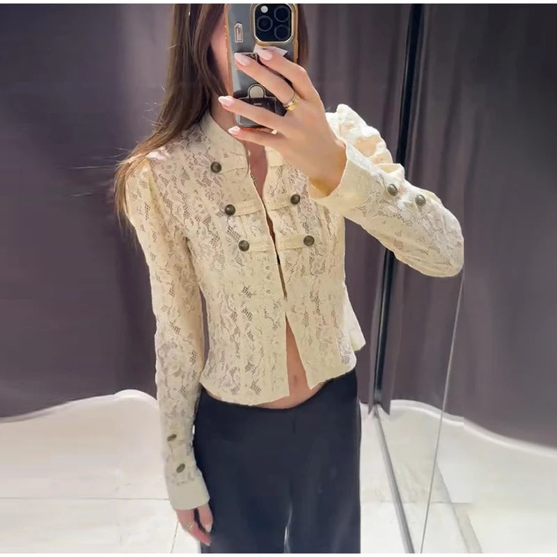 Solid Satin Lace V-Neck Puff Sleeve Blouse Curved Hem Slim Fit 2026 Summer Glam Women Satin Shirt Parisian Versatile Lady Blusa