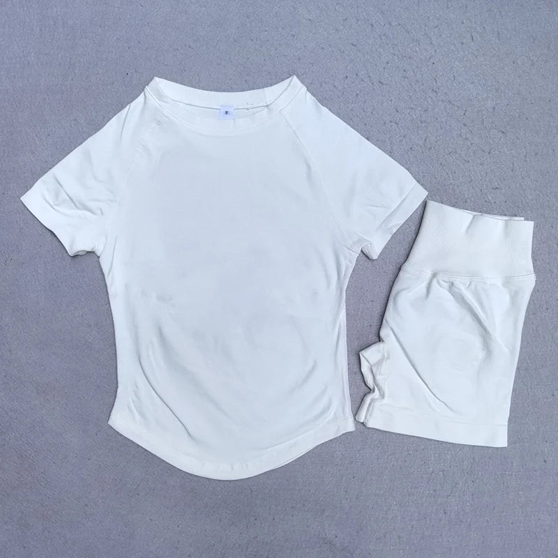 2 Piece Yoga Set Women Outfit Longline Short Sleeve Gym Top Shirt High Waist Workout Shorts Sports Suit Fitness Clothes Gym Set