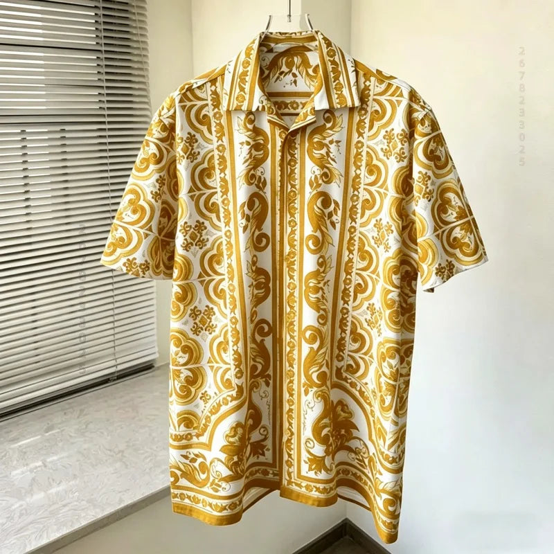 Men's shirts, summer Baroque printed shirts, loose oversized retro short sleeved shirts, vacation style versatile men's tops