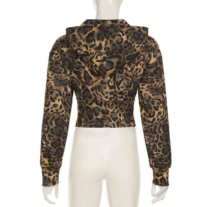 BKLD Women's Classic Hooded Long Sleeved Patchwork Irregular Sexy Zip Up Corset Short Jacket Street Style Leopard Coat Outerwear