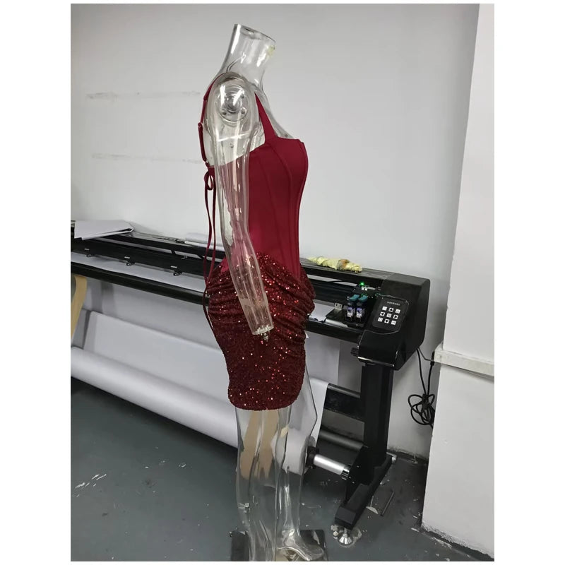 Sexy Sequin Patchwork Sling Mini Dress Women Chic Off-shoulder Backless Waist Cinching Slim Short Dresses Lady Club Party Gowns