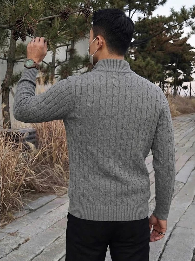 New Men's Cable Knit Half Zip Sweater Jacket Casual Long Sleeve Knitted Pullover Autumn Winter Warm Cardigan Outerwear Coats
