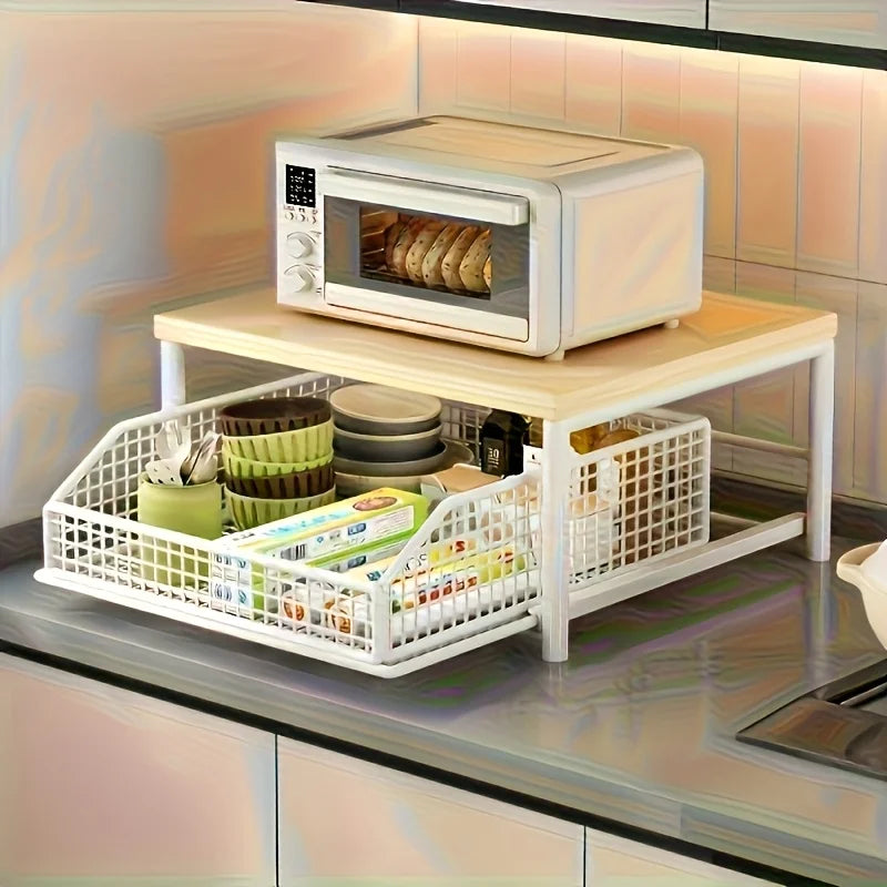 Sturdy Hardwood Space Saving Kitchen Countertop Organizer with Drawer Wire Basket for Coffee Maker