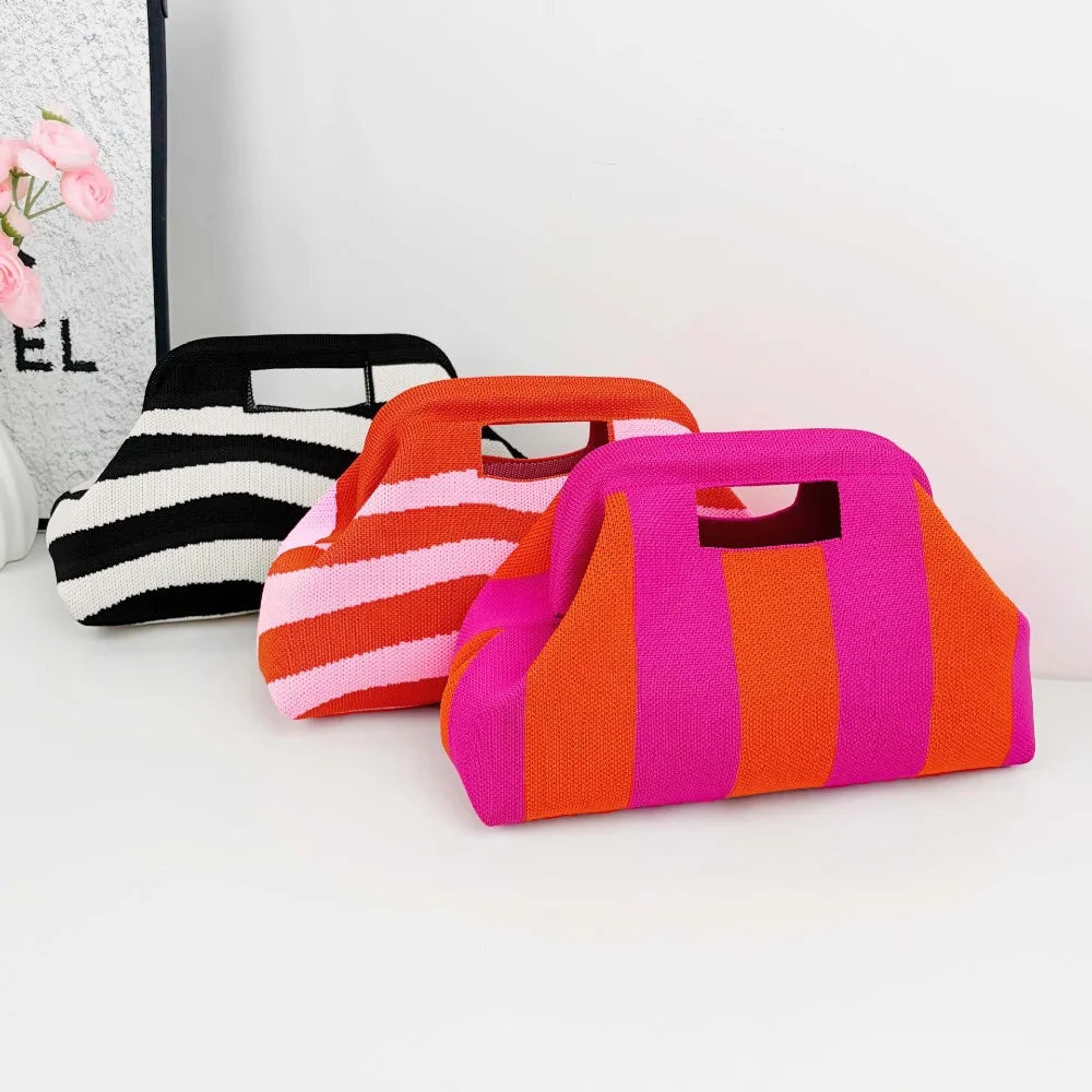 New Woven Bag Hollow-Out Striped Knitted Handbag Fly-Knitted Cloud Versatile Portable Cosmetic Bag