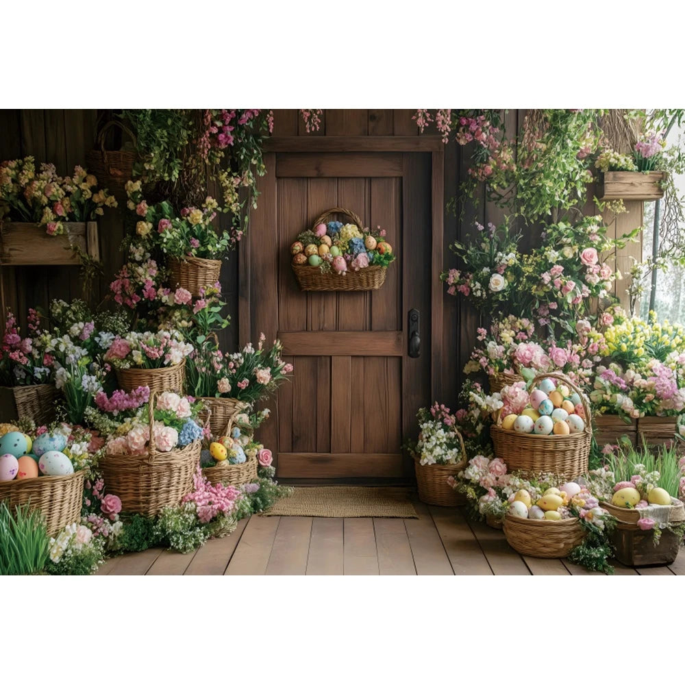 Happy Easter Day Photography Background Blue Wood Board Easter Egg Spring Flower Rabbit Kid Birthday Portrait Photocall Backdrop