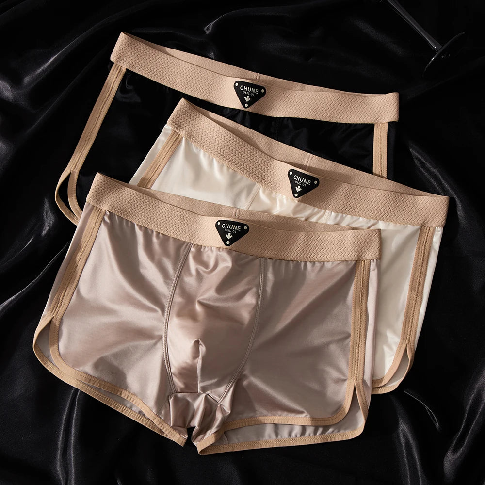 3PCS/Pack Luxury Ice Silk Satin-like Men's Underpants Double-layer Silk Crotch Panties Hygroscopic Breathable Underwear for Man