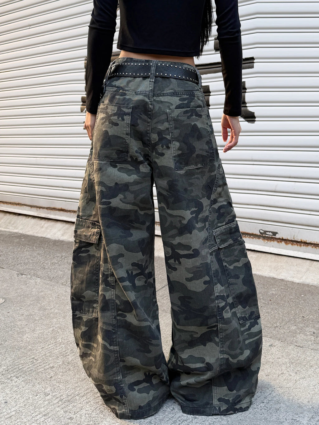 Ladies 2026 Spring Autumn High Waist Loose Wide Leg Y2K Cargo Pants Camo Print Side Big Pocket Stiff Fabric Streetwear Pants