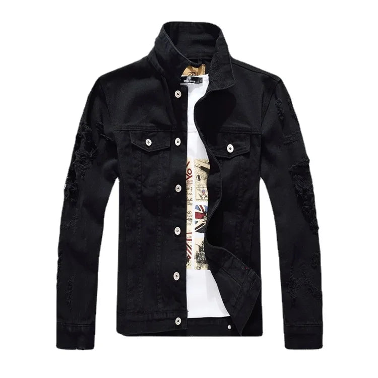Men White Denim Jackets Holes Jeans Coats New Spring Autumn Solid Denim Coats Male Cotton Casual Fit Jeans Jackets Size 4XL