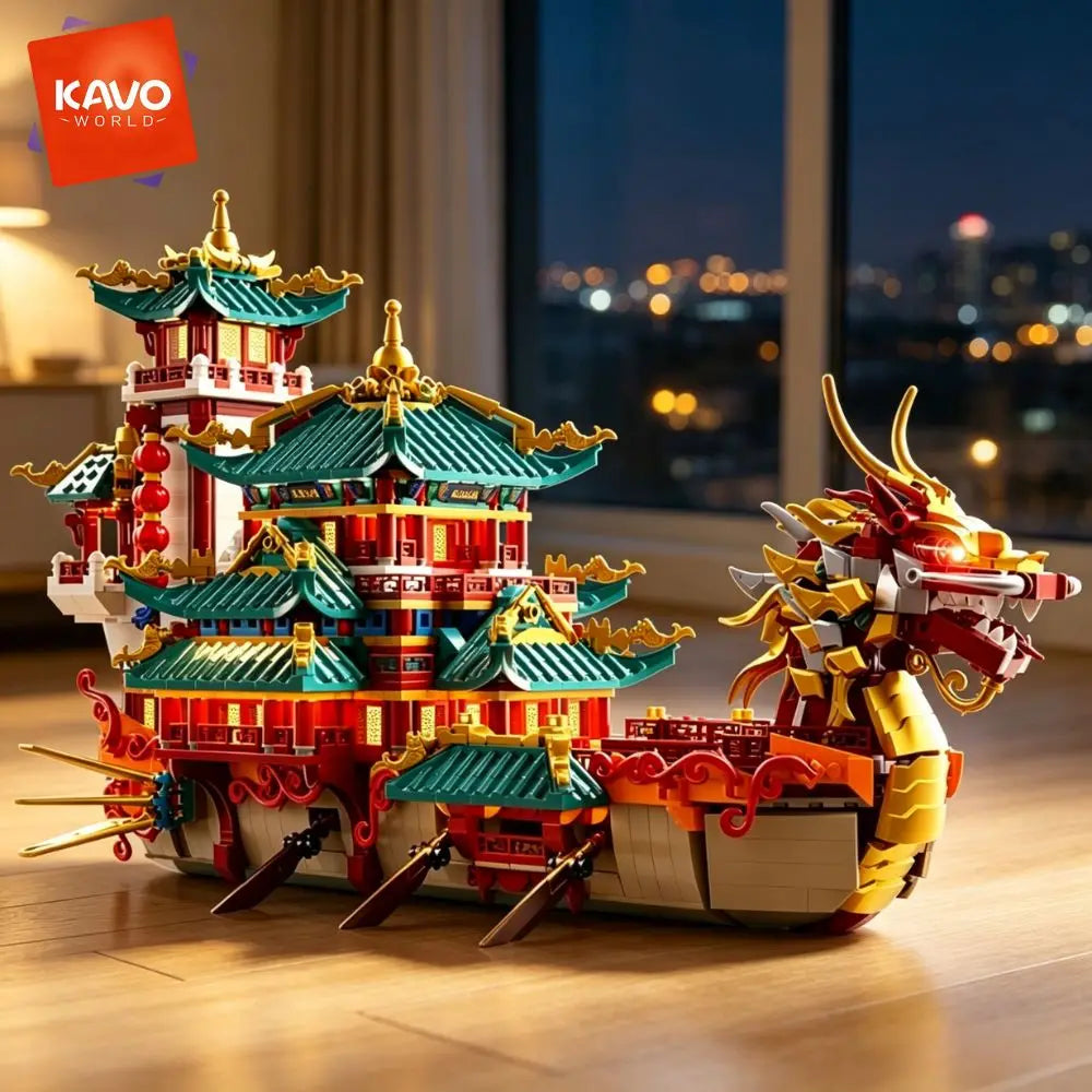 KAVOWORLD 2453pcs Dragon Boat Building Blocks Festival Chinese Ancient Pavilion Ship Display Model with LED Light Traditional DIY Loong Vessel Brick Assembly Puzzle Set Home Ornament Architecture MOC Construction Kit Hallowee