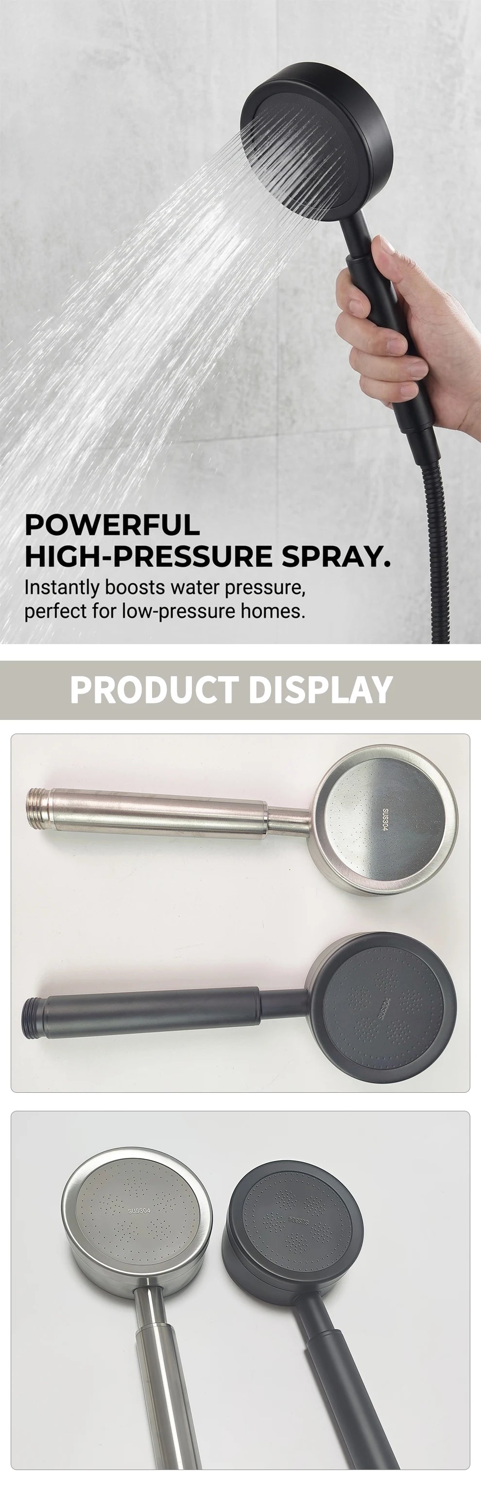 304 Stainless Steel Handheld Shower Head  High Pressure Booster   Universal Connector  Bathroom Shower Sprayer for Home Bath