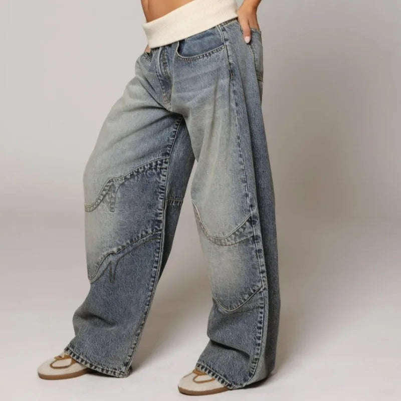 UNITIM Women Denim Pant American Streetwear Patchwork Lady Straight-leg Pant Loose Washed Distressed Female Casual Trousers